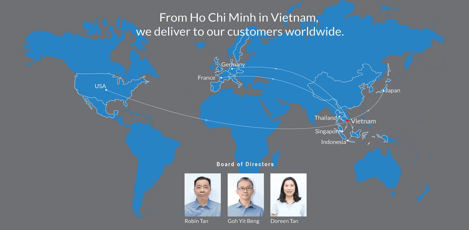 From Ho Chi Minh in Vietnam, CAMV delivers to customers worldwide — including the USA, France, Germany, Japan, Thailand, Vietnam, Singapore, and Indonesia. Board of Directors: Robin Tan, Goh Yit Beng, Doreen Tan.